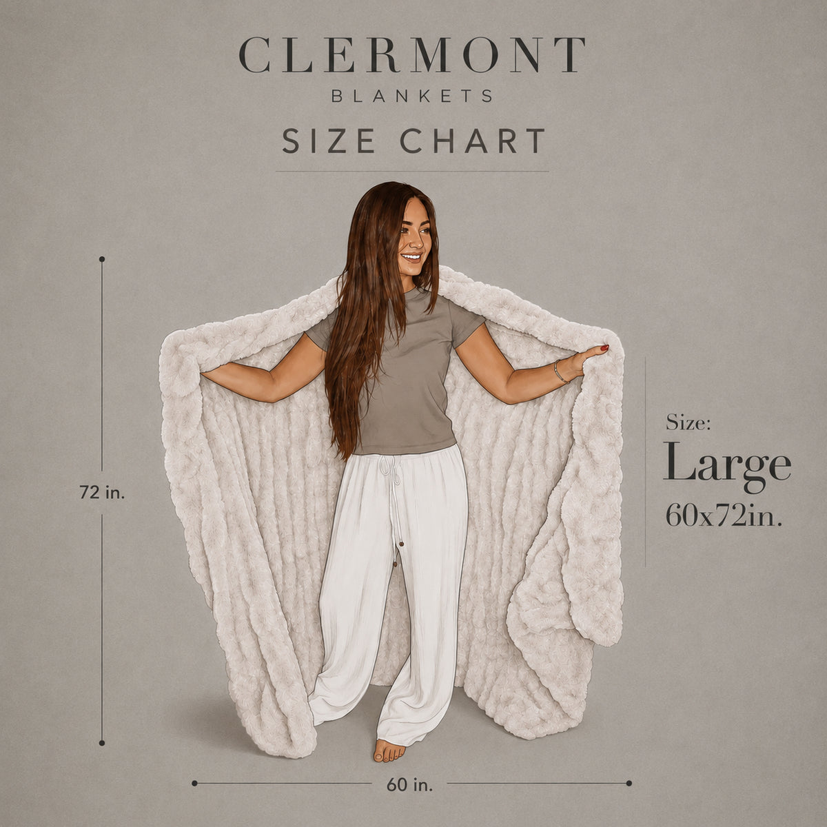 Clermont blanket size chart: Large, 60 x 72 inches